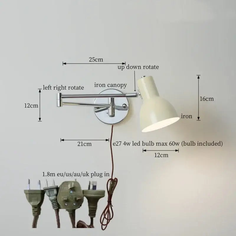 Adjustable wall sconce with cream iron canopy and arm featuring e27 led bulb in decorbites black iron led design