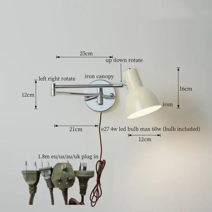 Adjustable wall sconce with cream iron canopy and arm featuring e27 led bulb in decorbites black iron led design