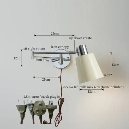 Adjustable decorbites black iron wall sconce with chrome iron arm and cream conical shade for modern nordic decor