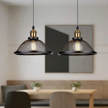 Decorbites black iron pendant light with black metal mesh and brass accents for kitchen bedroom and living room use