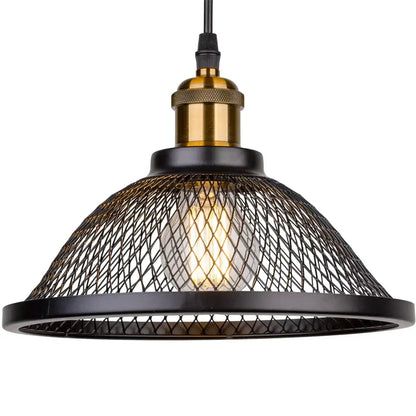 DecorBites black iron net-cage pendant light fixture with brass hardware and mesh shade for kitchen and living room
