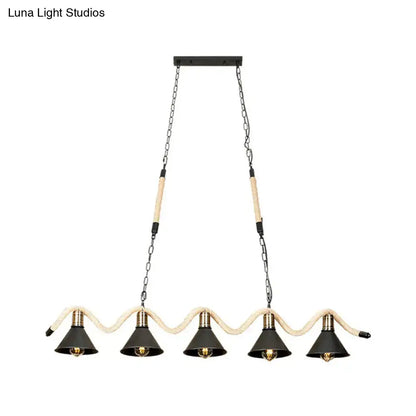 DecorBites black island pendant with five metal shade lights suspended by hemp rope and chains for industrial décor