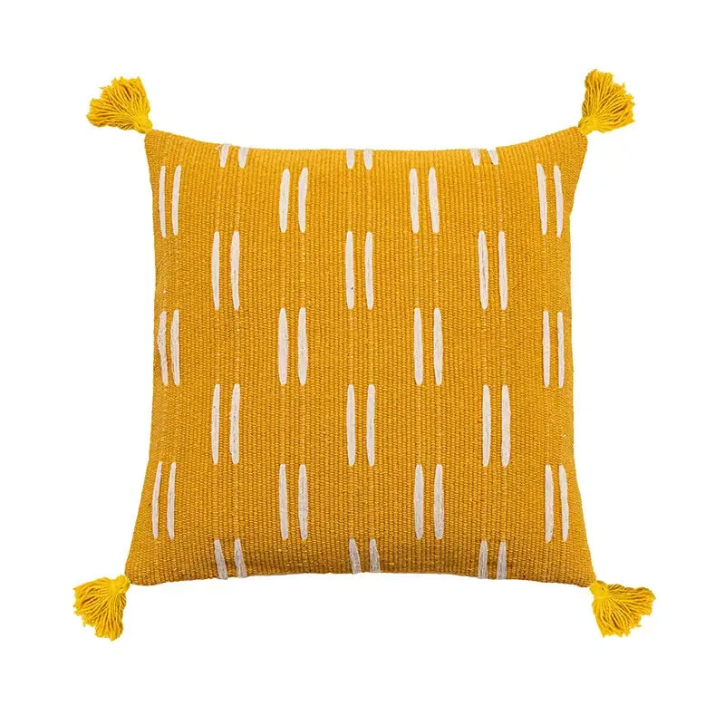 Decorbites black ivory mustard woven cushion cover with vertical white stripes and tassels for living room decor