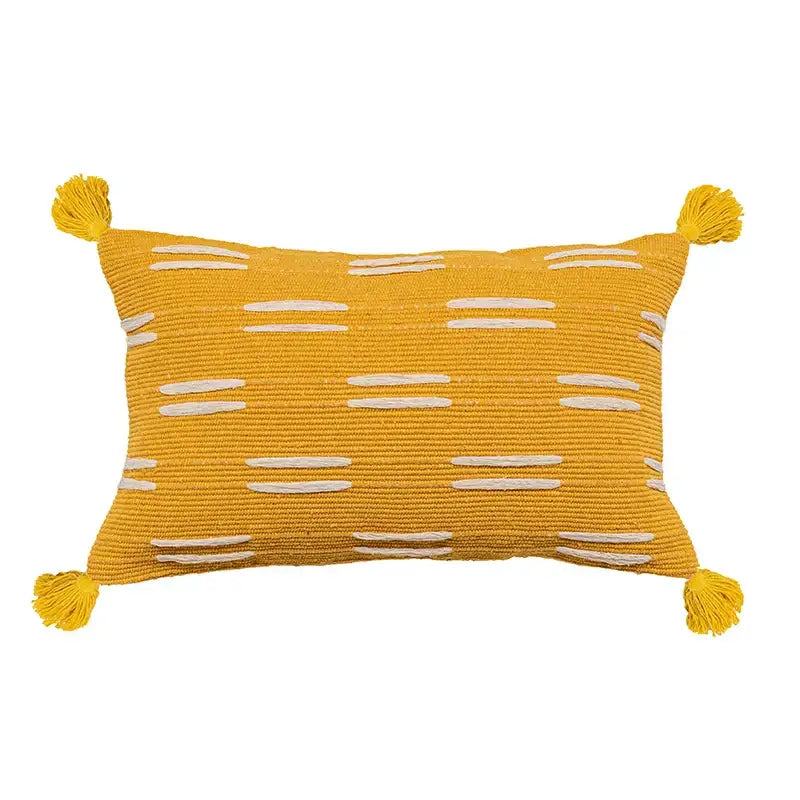 Vibrant mustard yellow cushion cover with white embroidered stripes and tassels by DecorBites black ivory for living room decor