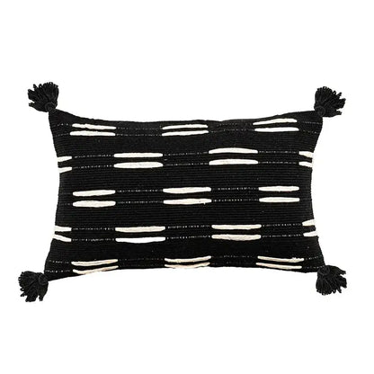 Decorbites black ivory woven cushion cover in black with white stripes and tassels for living room decor