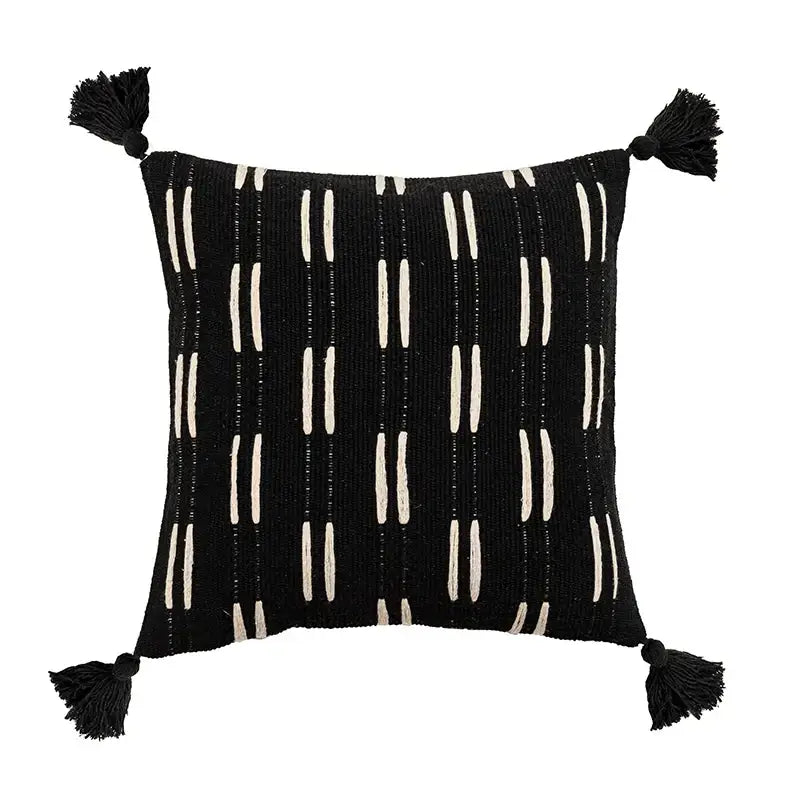 DecorBites black ivory cushion cover with black tassels and cream vertical stripes for living room decor