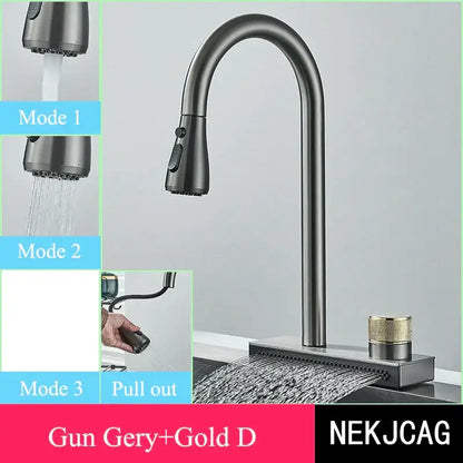 DecorBites black kitchen faucet with gunmetal curved spout and gold-toned handle featuring flexible pull out nozzle