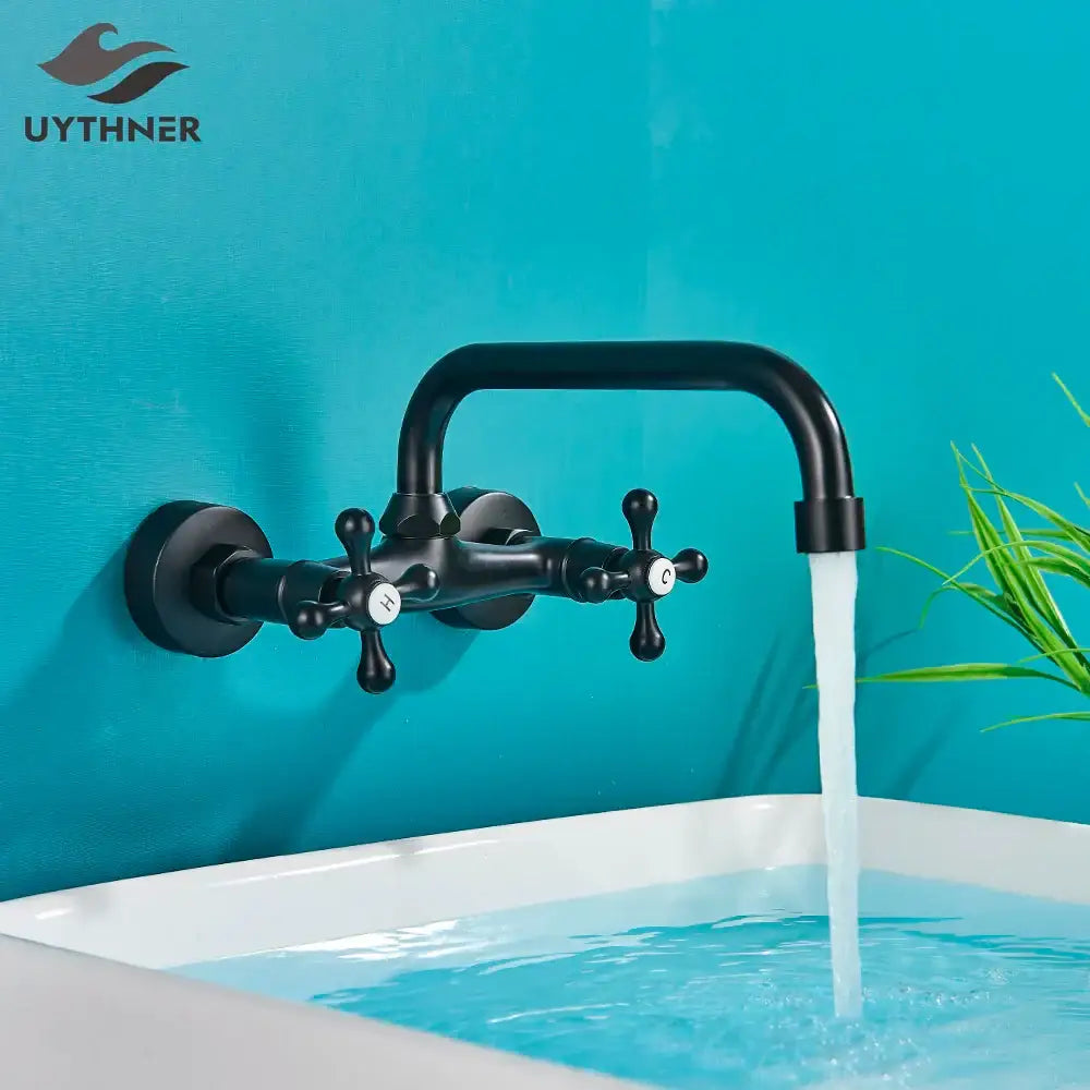 Decorbites black kitchen faucet mixer tap wall mounted with matte black finish cross handles and white hot cold knobs