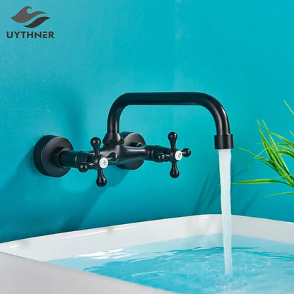 Decorbites black kitchen faucet mixer tap wall mounted with matte black finish cross handles and white hot cold knobs