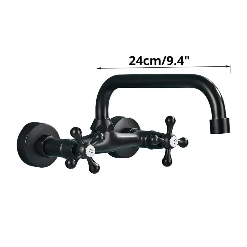 Decorbites black kitchen faucet mixer tap wall mounted with black matte finish and cross handles for hot cold water