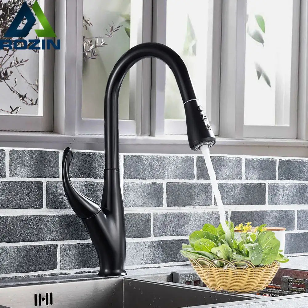 DecorBites black kitchen faucet with matte finish, pull-down spray head, single handle, and sleek modern design