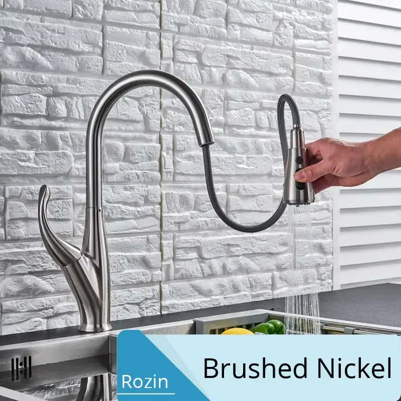 Brushed nickel rozin kitchen faucet with sleek curved spout and pull down spray head in decorbites black kitchen faucet design
