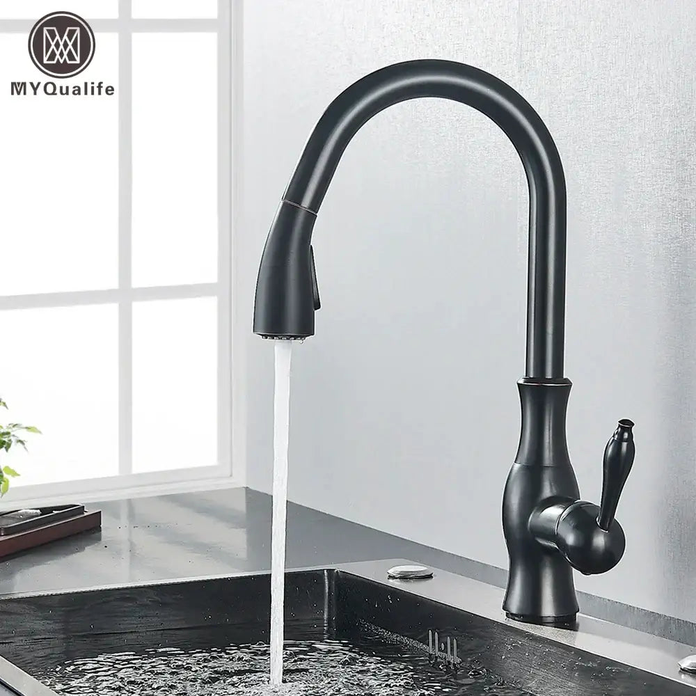 Black kitchen faucet decorbites with matte finish curved spout pull-down spray head and single handle mixer