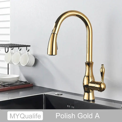 Polished gold kitchen faucet with sleek curved spout and handle for decorbites black kitchen faucet with 360 rotation