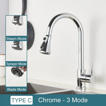Chrome-finished decorbites black kitchen faucet with sleek curved spout and pull-down spray head with three modes