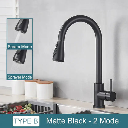 Matte black kitchen faucet decorbites black kitchen features curved spout pull down spray with steam and sprayer modes
