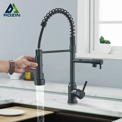 Decorbites black kitchen faucet with black matte finish flexible coiled gooseneck spout and pull down spray head