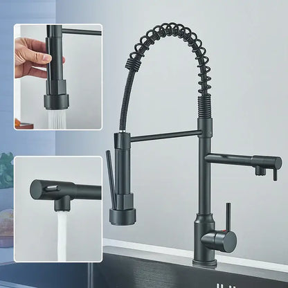 DecorBites black kitchen faucet with matte finish flexible coiled spring hose and pull-down spray head kitchen faucet