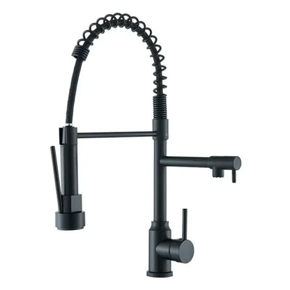 Decorbites black kitchen faucet with black matte finish, coiled spring hose, and pull-down spray head mixer tap