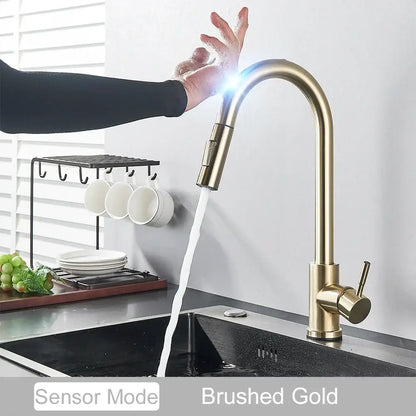 Brushed gold touch sensor mixer faucet with sleek curved spout and pull-down spray head by DecorBites™