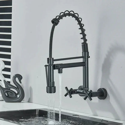 DecorBites black kitchen faucet with matte finish dual swivel spouts coiled spring hose and cross handles for vessel sinks