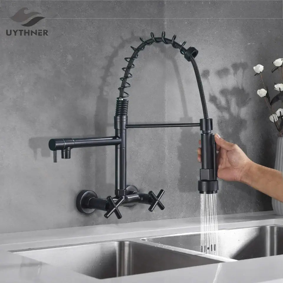 DecorBites black kitchen faucet wall mounted with black matte finish coiled spring hose and cross-shaped handles
