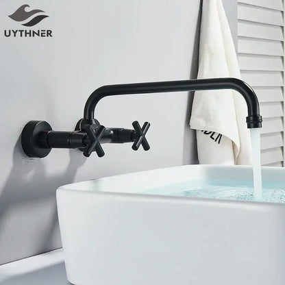 Black kitchen faucet uythner decorbites matte finish wall mounted swivel mixer tap with cross handles for bath sink