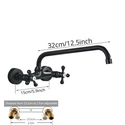 DecorBites black kitchen faucet wall mounted swivel mixer tap with matte finish and two cross-handle knobs