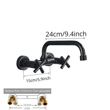 DecorBites black kitchen faucet with matte finish wall-mounted swivel mixer tap and cross-shaped handles for bath sink