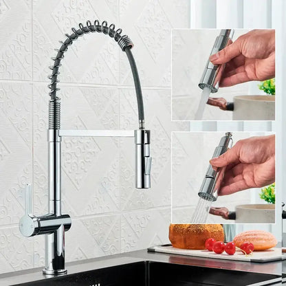 Decorbites black kitchen faucet in chrome finish with spring-loaded pull-out spray head and dual mode sprayer