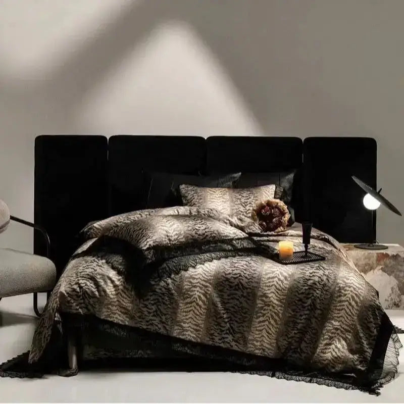 Black velvet headboard with segmented panels complementing decorbites black lace leopard print 1000tc bedding set
