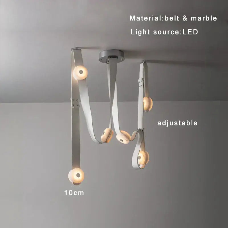 Adjustable decorbites black leather marble chandeliers with slender white leather straps and warm led bulbs for dining room decor