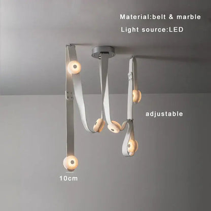 Adjustable decorbites black leather marble chandeliers with slender white leather straps and warm led bulbs for dining room decor