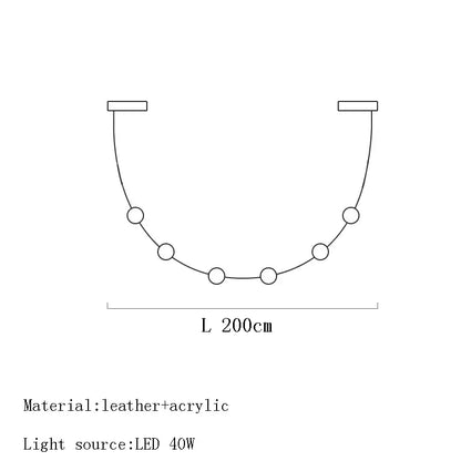A 200cm curved decorbites black leather pendant light with acrylic frame and circular fixtures for dining room decor