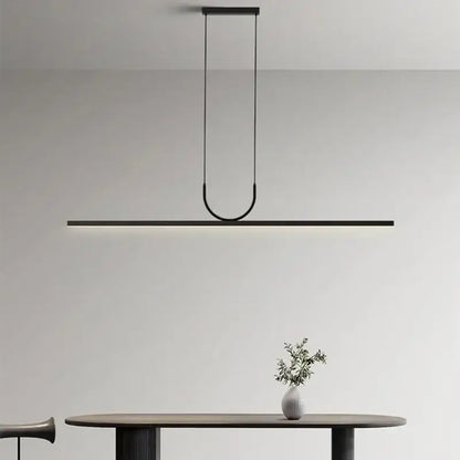 Minimalist DecorBites black led ceiling chandelier with a sleek glowing bar for modern dining room and kitchen island lighting