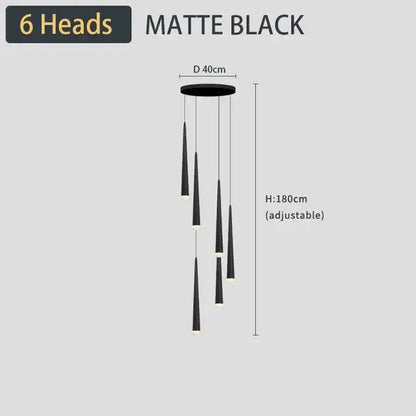 Matte black DecorBites black led ceiling chandelier with six cone-shaped lamp heads for stylish home lighting