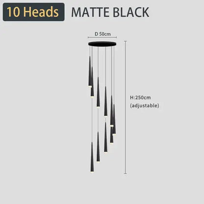 Matte black modern decorbites black led ceiling chandelier with ten tapered light heads for living room and staircase lighting