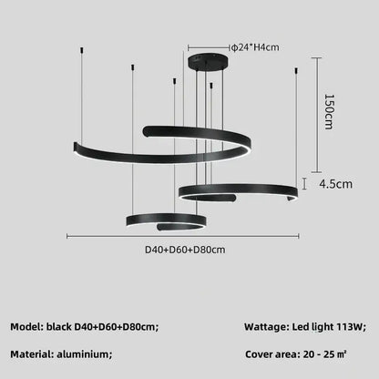 Modern black led chandelier pendant light by DecorBites made of aluminum with a sleek spiral design for indoor use