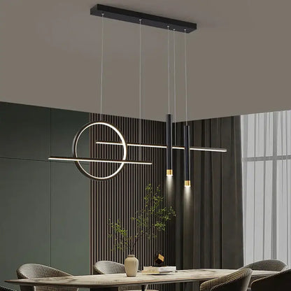 Modern black led chandelier pendant light by DecorBites with sleek gold geometric design for dining kitchen bar use