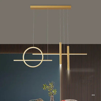Modern gold-toned geometric pendant light with sleek linear and circular elements by DecorBites black LED chandelier