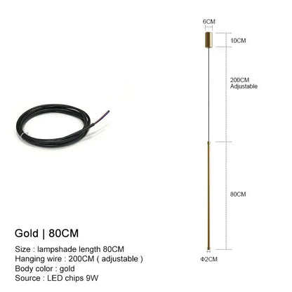 Gold-colored 80cm long pendant lights with sleek cylindrical shade and adjustable wire by DecorBites black led chandelier