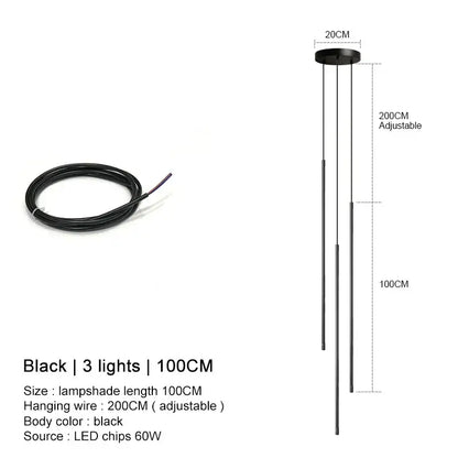 DecorBites black LED chandelier pendant lights with three slender vertical rods and circular mount for dining room and bedroom