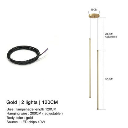 Gold-colored modern pendant lights with two vertical led lights and 120cm adjustable wire by decorbites black led chandelier