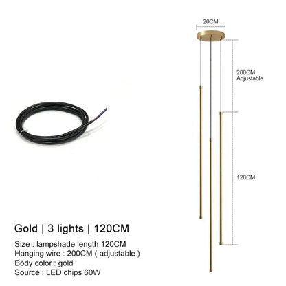 Gold-colored modern pendant lights with three slender rods and adjustable wire by DecorBites black LED chandelier