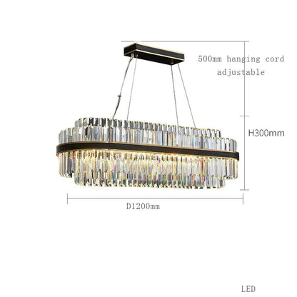 DecorBites black led crystal chandelier with black metal frame and cascading clear prisms for luxury dining room design