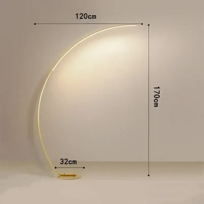 A sleek DecorBites black led dimming floor lamp with a gold-toned metal frame and warm glow for bedroom and living room