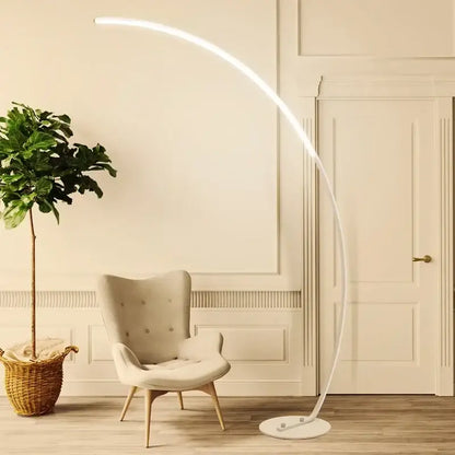 Decorbites black led dimming floor lamp with sleek curved white design and circular base for bedroom and living room use
