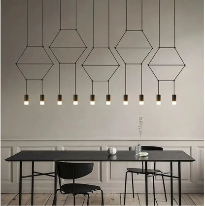 Decorbites black led linear chandelier featuring black hexagonal wireframe and frosted glass shades for dining room use