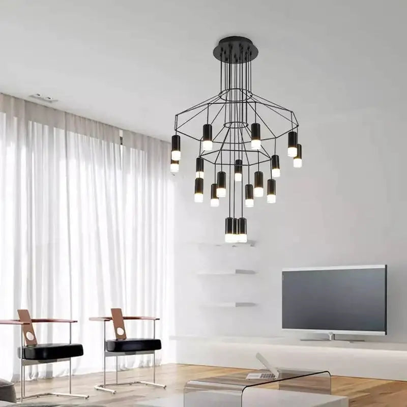 DecorBites black LED linear chandelier with black geometric design and multiple cylindrical lights for dining room