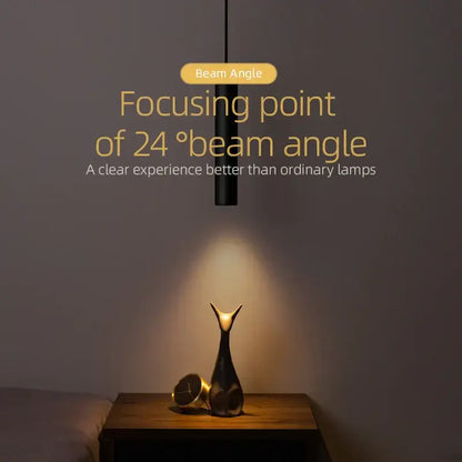 Decorbites black led pendant light 5w with 24 degree beam angle casting focused light on dark vase and clock